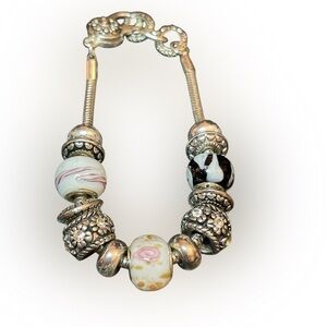 Silver-Accent Glass Bead Charm Bracelet - White and Black